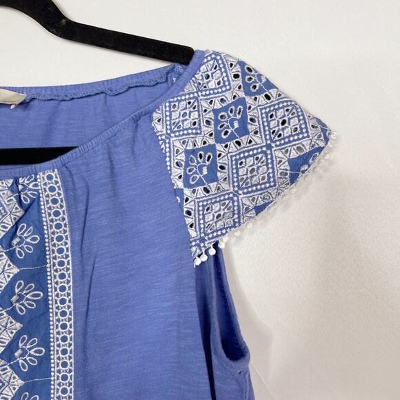 LOFT SP Small Petite Blue White Eyelet Embroidered Short Sleeve Top Boho Cotton - Picture 3 of 8